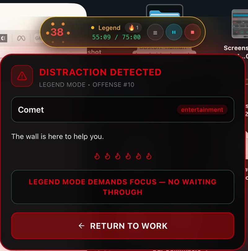 The DustOff intervention screen: Distraction Detected, Legend Mode, Offense #10